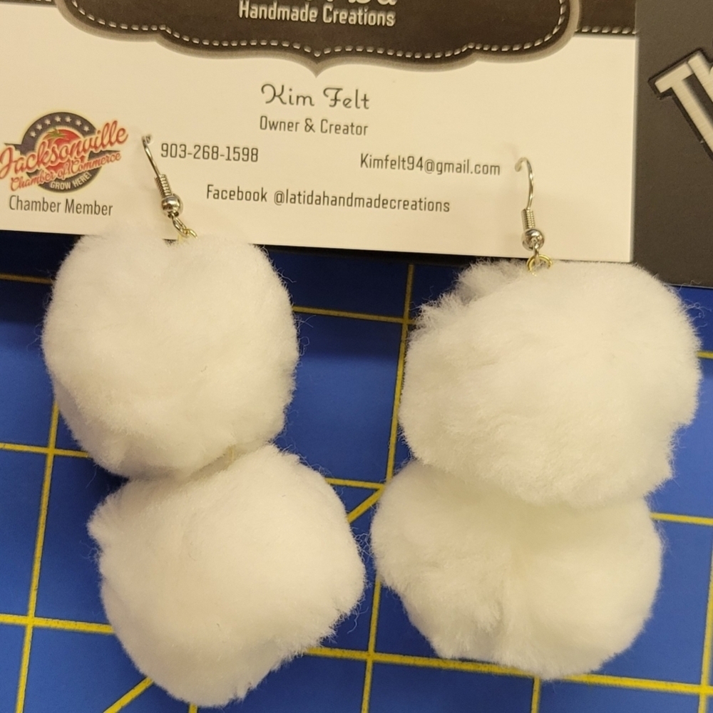 La Ti Da Handmade Creations Snowball Fuzz Ball Earrings 2.5" long